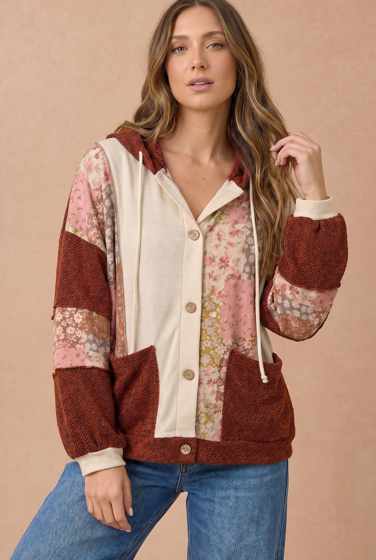 Floral Patchwork Mixed Knit Hoodie Jacket: OATMEAL/RUST