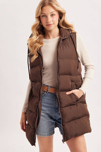 HOODED ZIPPER DOWN LONGLINE PUFFER VEST