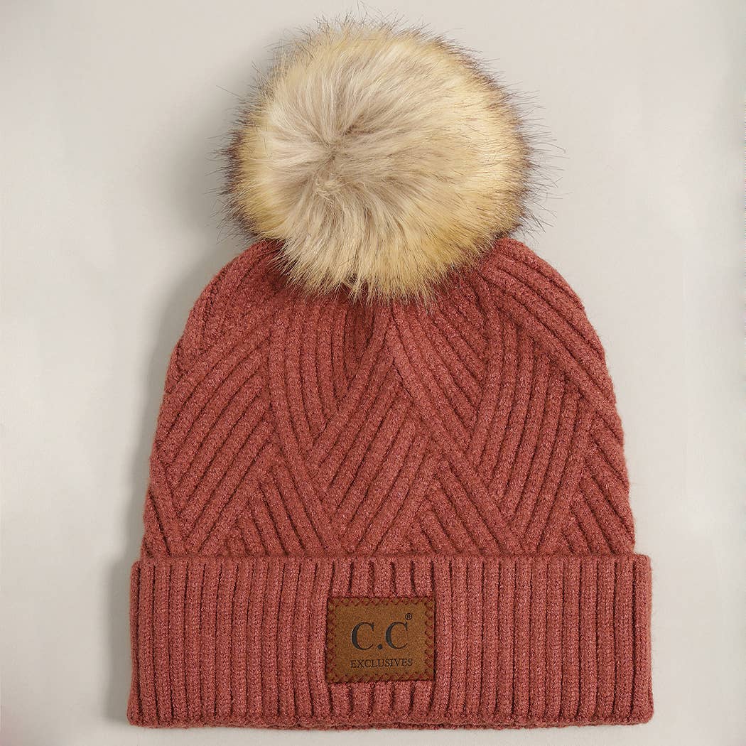 Heather Cuff Beanie with Pom-Pom: BRICK