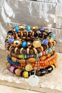 Sunkissed Layered Wood Mixed Beads Stacked Bracelet