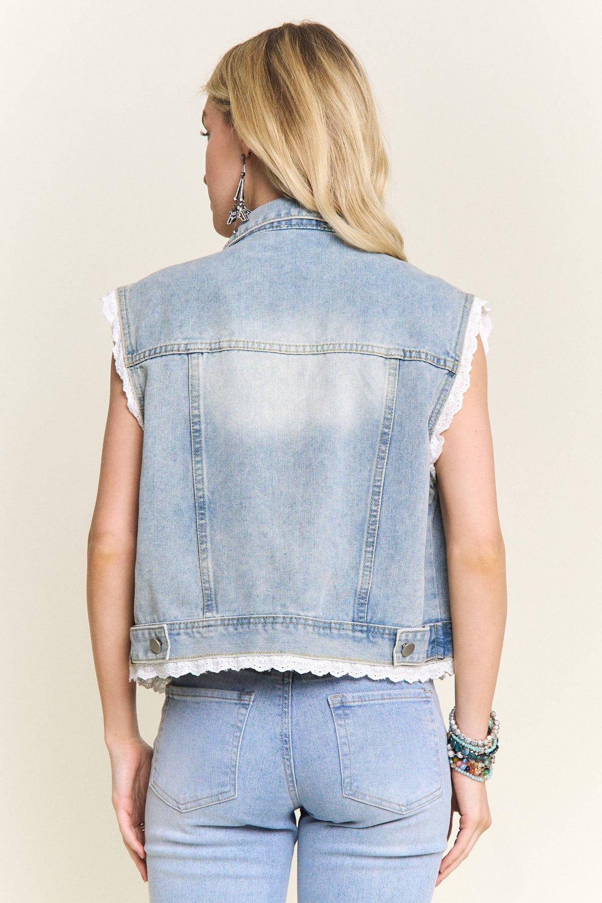 DENIM VEST WITH LACE TRIM : Denim