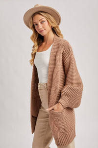 CHUNKY CABLE LANTERN SLEEVE CARDIGAN