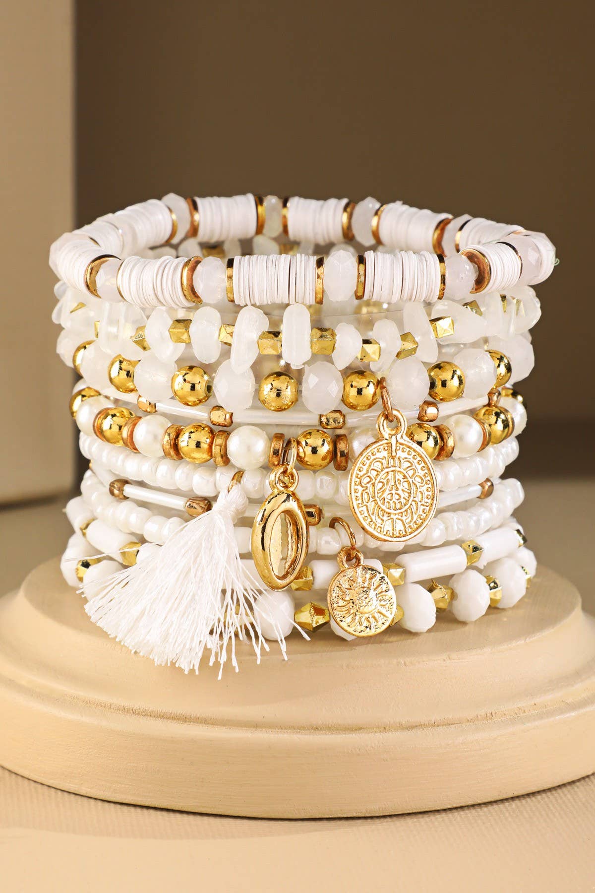 10 Layered Boho Stretch Bracelet with Tassel: White Sands