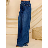 Ankle Drawstring Wide Denim Pants: Dark Wash