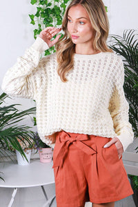 Crew Neck 100%Cotton Textured Crochet Knit Sweater: Cream