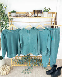 Lace Accent Vintage Wash Pullover - Teal