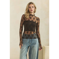 Lace Long Sleeve See Through Top: Brown