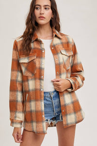 BUTTON DOWN FLANNEL SHACKET JACKET WITH POCKETS: PUMPKIN