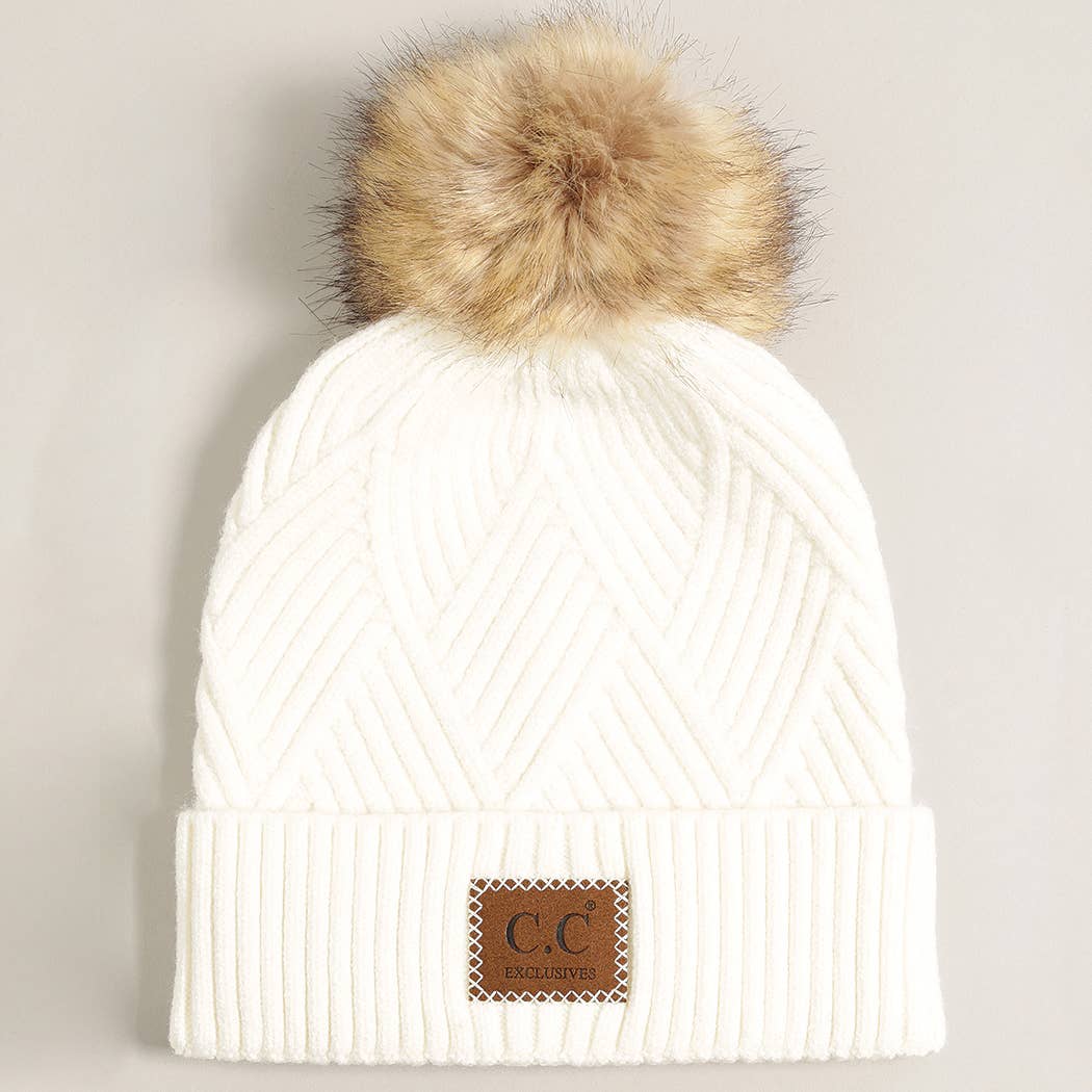 Heather Cuff Beanie with Pom-Pom: WHITE