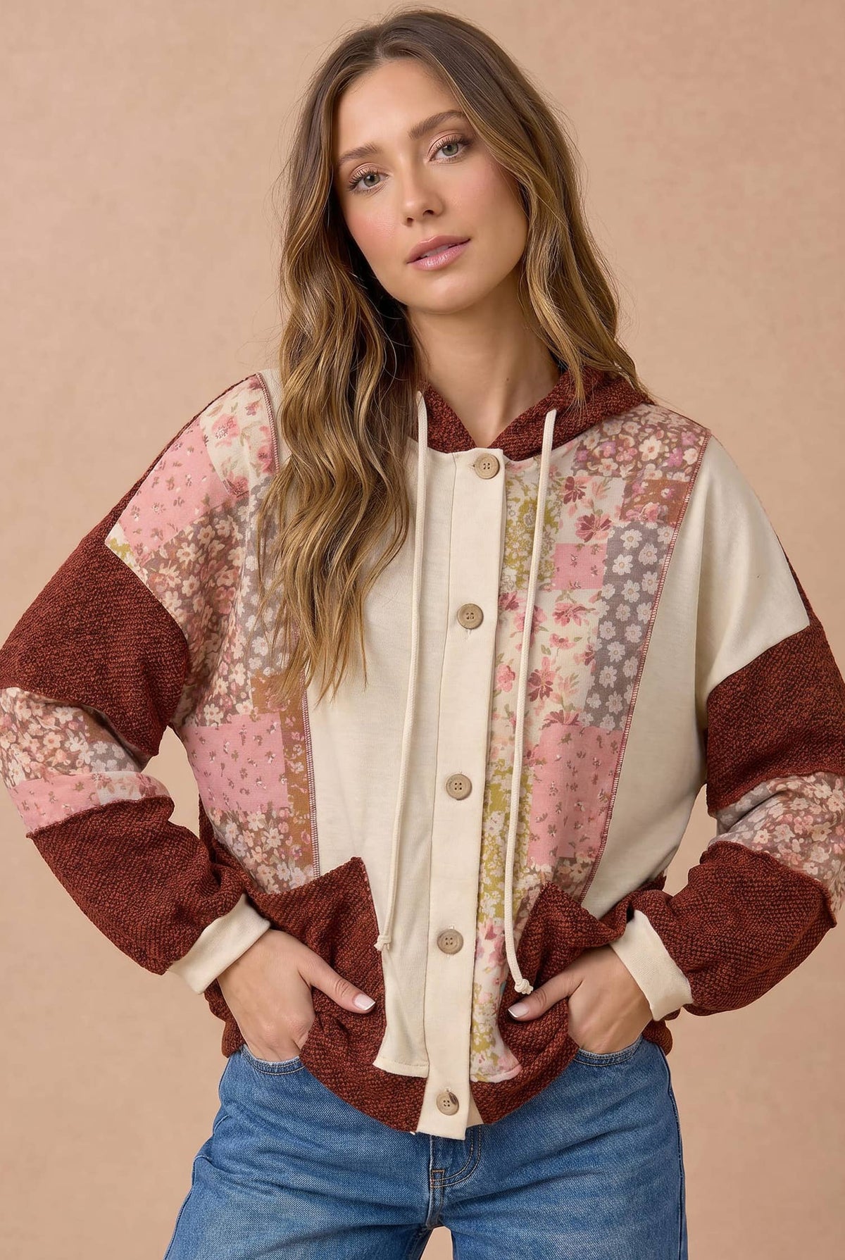 Floral Patchwork Mixed Knit Hoodie Jacket: OATMEAL/RUST
