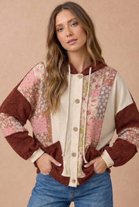 Floral Patchwork Mixed Knit Hoodie Jacket: OATMEAL/RUST