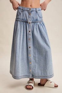 Braided Waist Denim Maxi Skirt: Cloud Wash