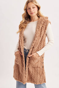 BOUCLE CABLE KNIT SWEATER HOODED VEST