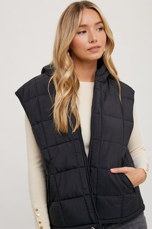 Black Zip-Up Puffer Vest with hood *