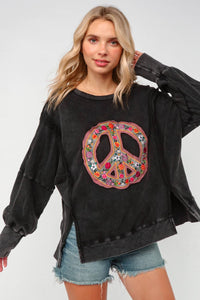 PLUS SUZE EMBROIDERED PEACE WASHED PULLOVER KNIT TOP: CHARCOAL