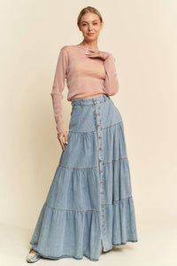 DENIM BUTTON FRONT RUFFLE HEM DENIM MAXI SKIRT: Denim