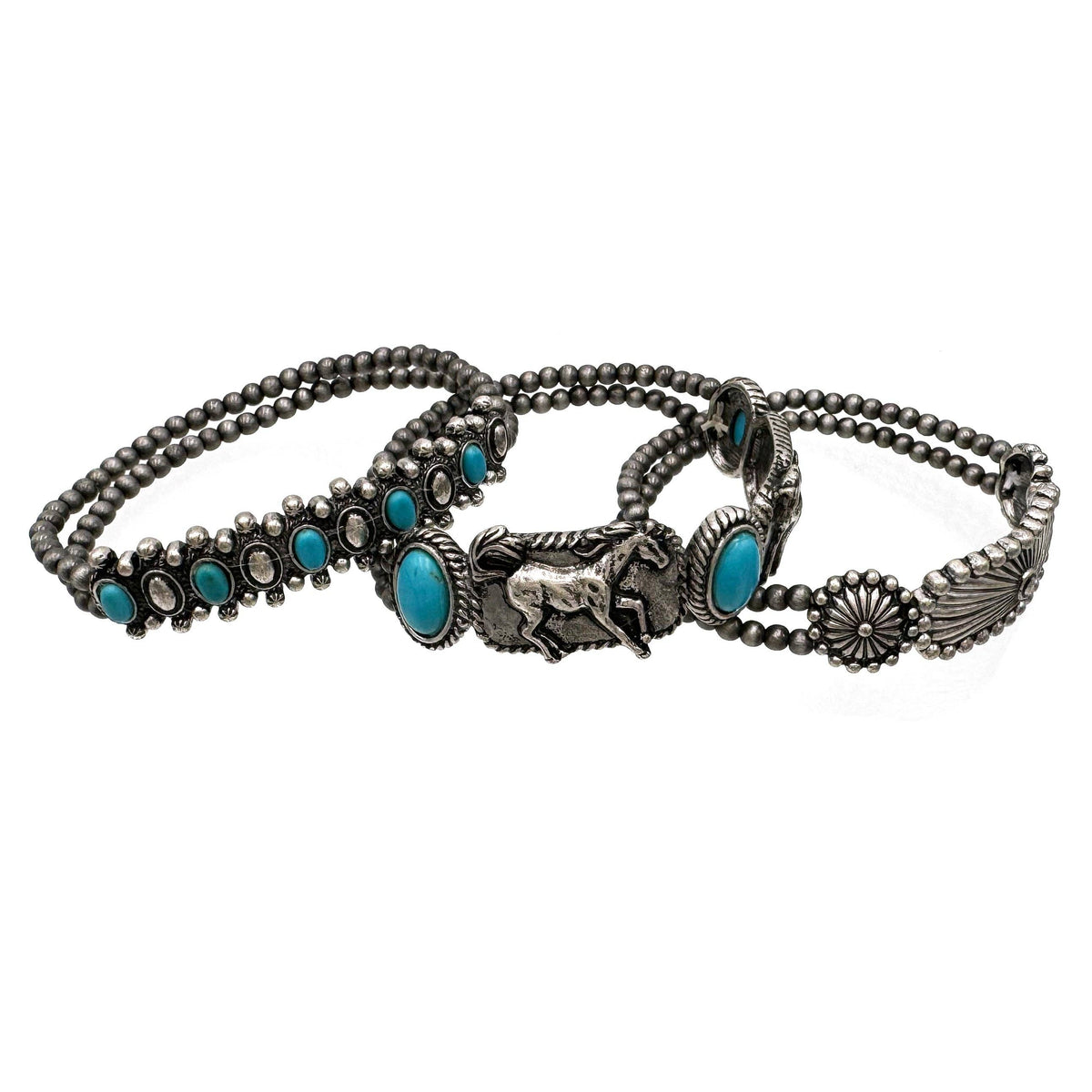 Western Native Horse Three Piece Navajo Beads Stamped Bracelet