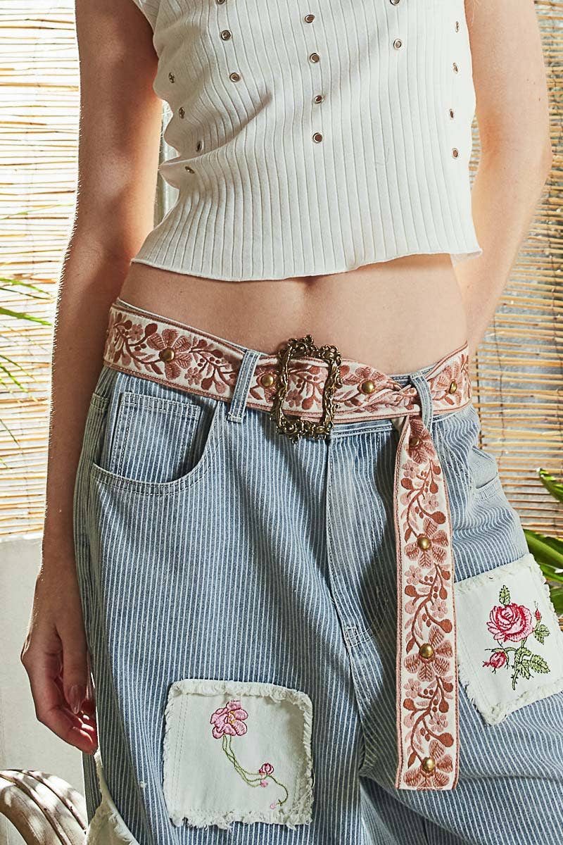 Embroidered Belt : IVORY/MAUVE
