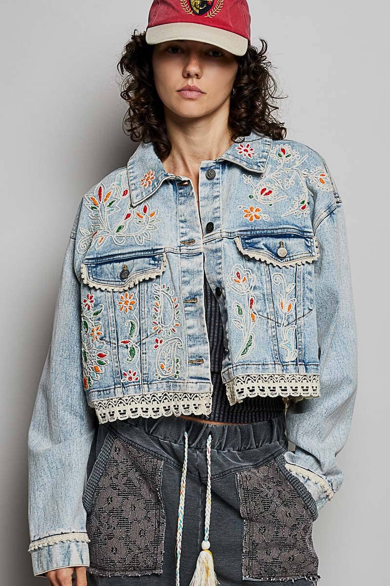 Floral Embroidery Lace Trim Denim Jacket: DENIM