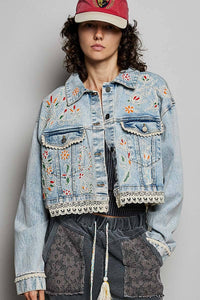 Floral Embroidery Lace Trim Denim Jacket: DENIM