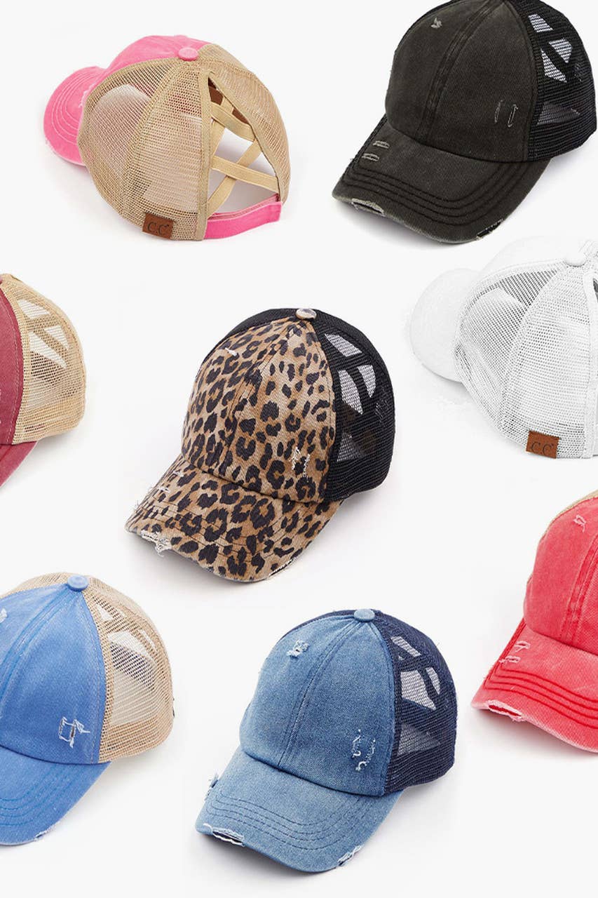 C.C Washed Denim with Crossed Elastic Band Mesh Pony Cap: Leopard