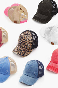 C.C Washed Denim with Crossed Elastic Band Mesh Pony Cap: Leopard