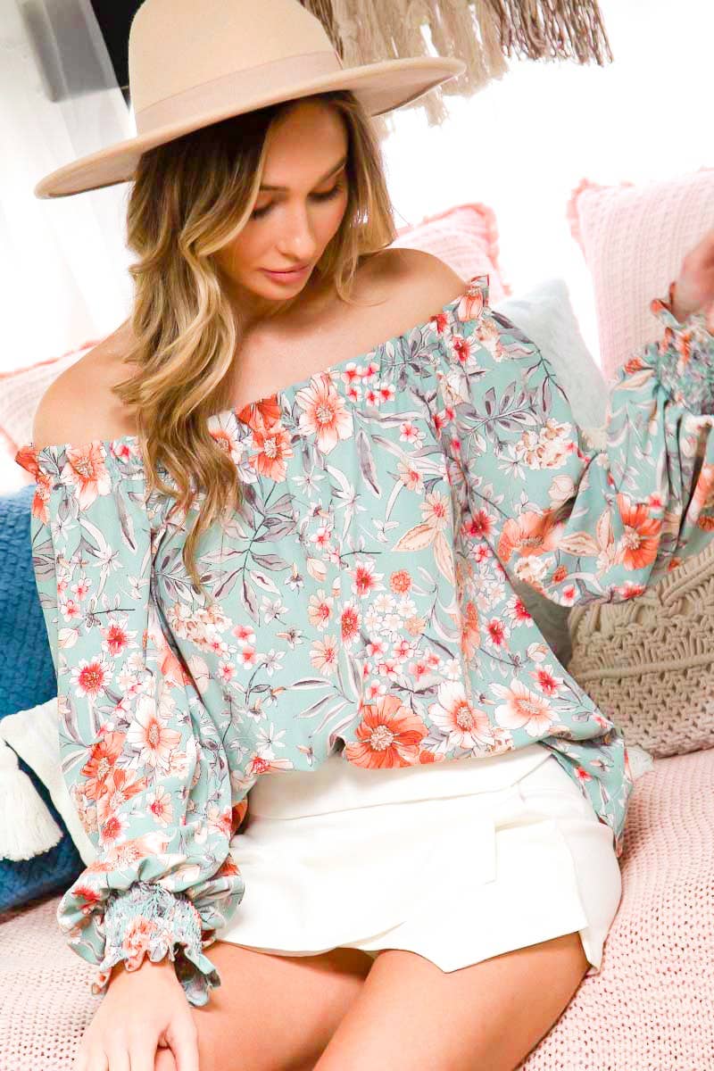 Off The Shoulder Floral Stripe Printed Woven Blouse : Mint