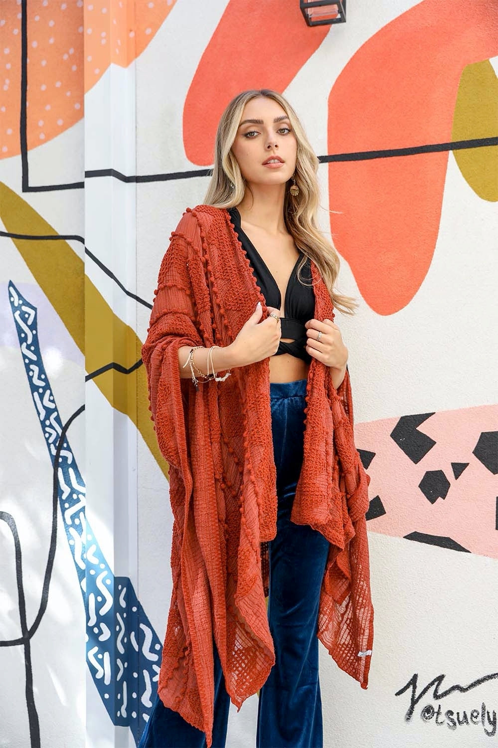 Boho Embroidered Gauze Linen Kimono in Rust