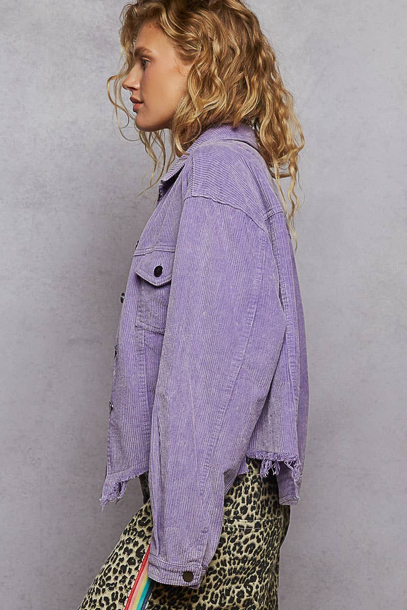 Pocket Front Button Down Corduroy Trucker Jacket: PURPLE IRIS