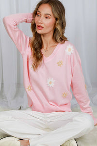 V-Neck Long-Sleeve Floral Embroidery Knitted Sweater Pink