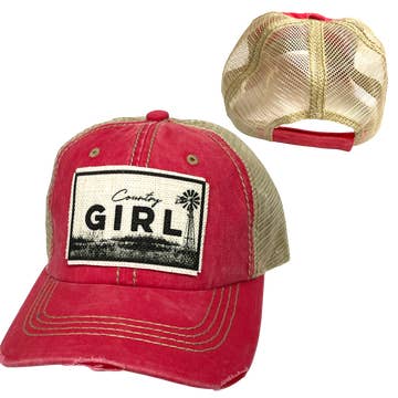 COUNTRY GIRL BALL CAP | WOMAN'S HAT | DISTRESSED: Red With Beige Mesh *