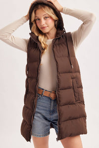 HOODED ZIPPER DOWN LONGLINE PUFFER VEST