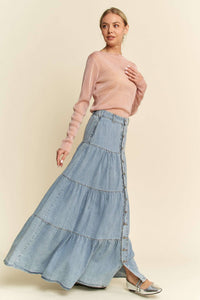DENIM BUTTON FRONT RUFFLE HEM DENIM MAXI SKIRT: Denim