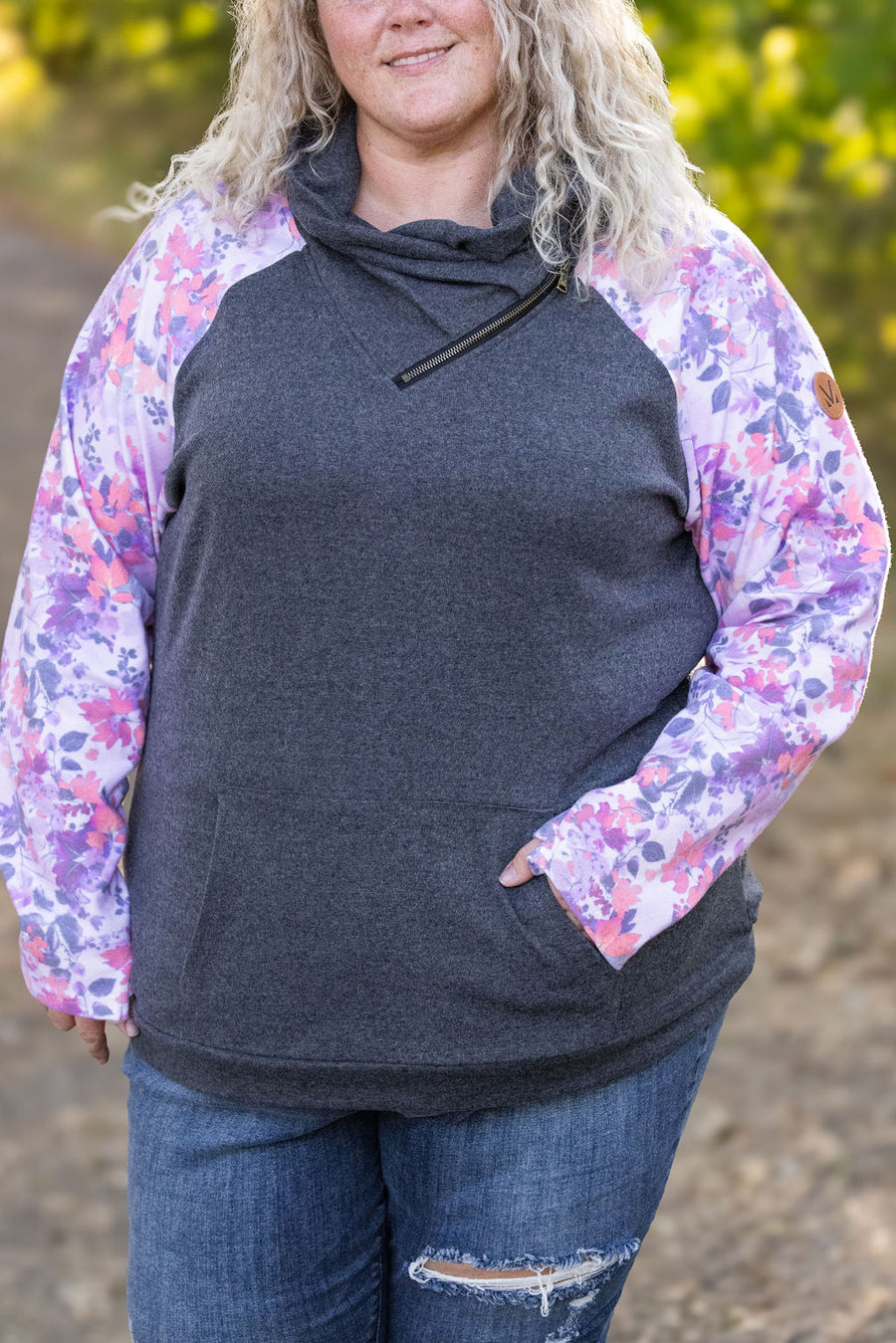 Charcoal and Floral Zip Cowl Long Sleeve