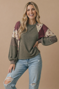 Mixed Media Patchwork Pullover Knit Top: OLIVE