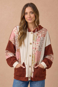 Floral Patchwork Mixed Knit Hoodie Jacket: OATMEAL/RUST