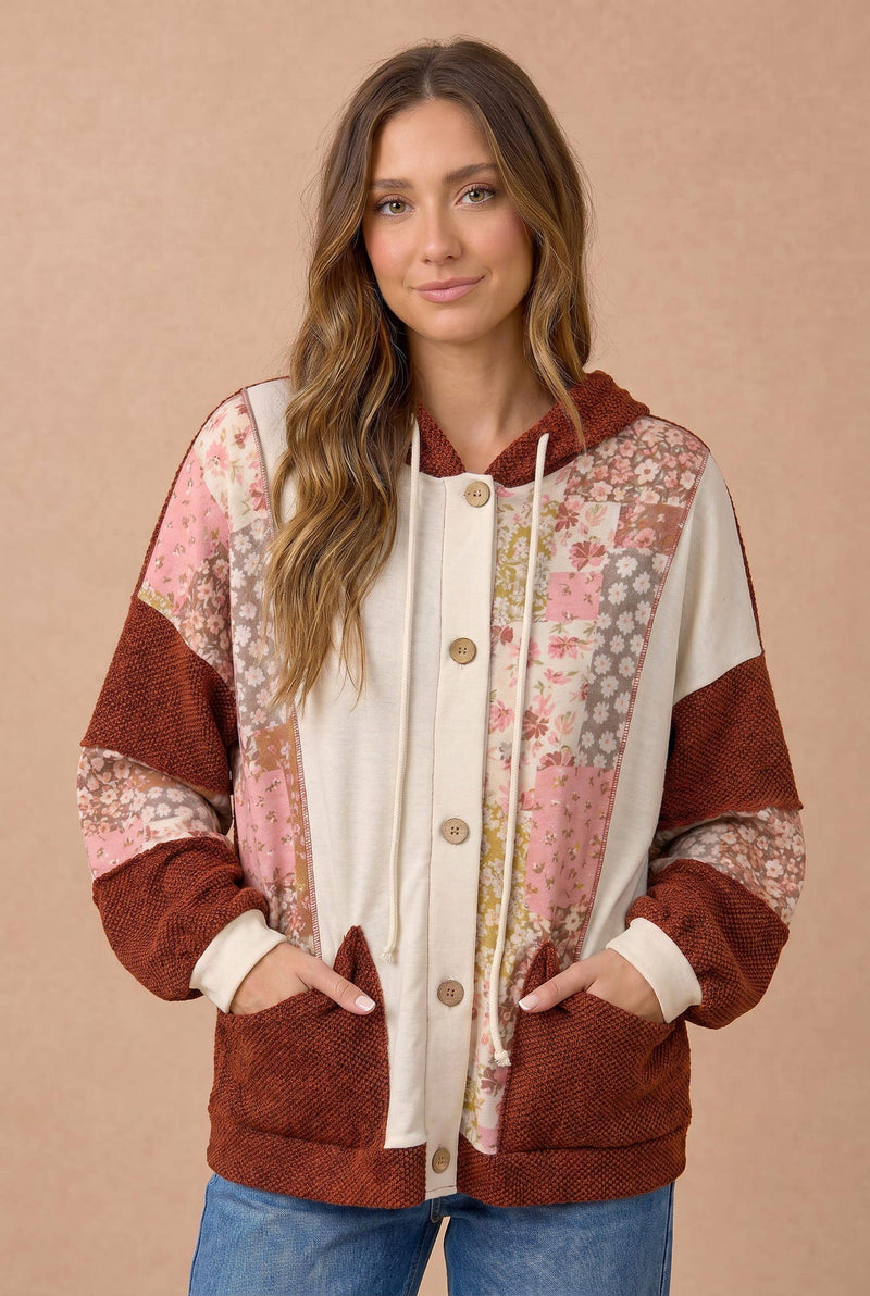Floral Patchwork Mixed Knit Hoodie Jacket: OATMEAL/RUST