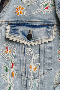 Floral Embroidery Lace Trim Denim Jacket: DENIM