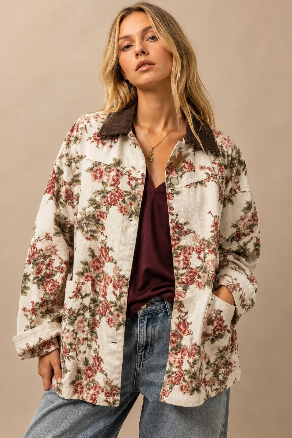 Vintage Floral Canvas Jacket with Corduroy Collar: CREAM FLORAL