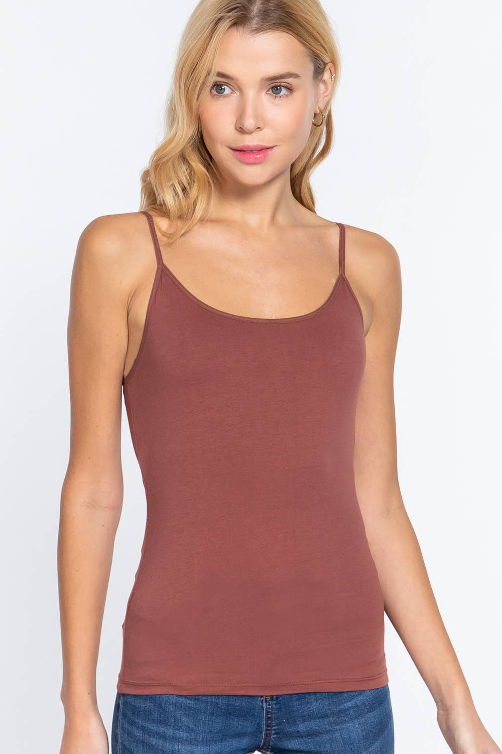 Basic Adjustable Spaghetti Strap Cropped Cami with Shelf Bra: Rust