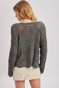 BOAT NECK SCALLOPED HEM OPEN KNIT SWEATER: ASH