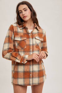BUTTON DOWN FLANNEL SHACKET JACKET WITH POCKETS: PUMPKIN