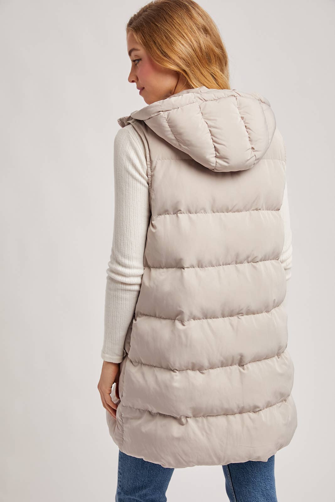 HOODED ZIPPER DOWN LONGLINE PUFFER VEST JACKET: CREAM