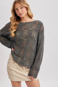 BOAT NECK SCALLOPED HEM OPEN KNIT SWEATER: ASH