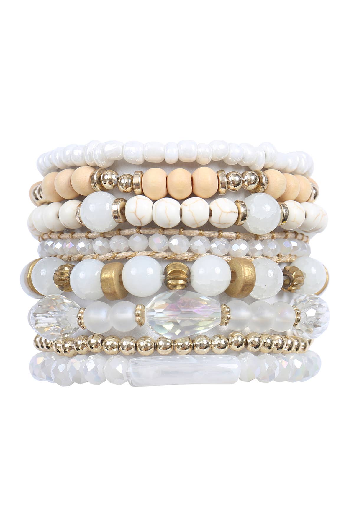 Charm Mix Bead Natural Stone Wood Layered Stackable Bracelet: White
