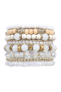 Charm Mix Bead Natural Stone Wood Layered Stackable Bracelet: White