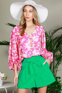 V-Neck Balloon Sleeve Floral Print Woven Blouse Top Blouse : Pink