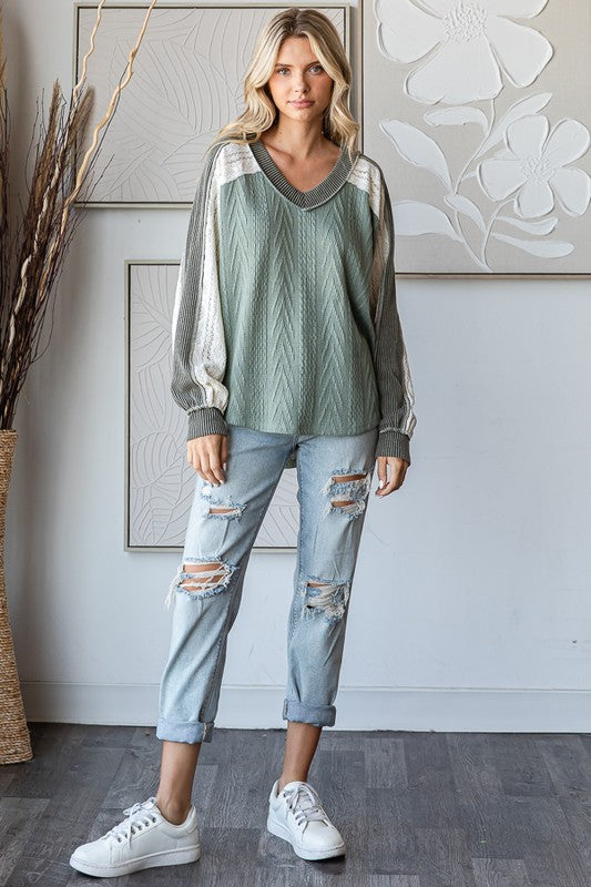 Olive cable knit color block lace long sleeve