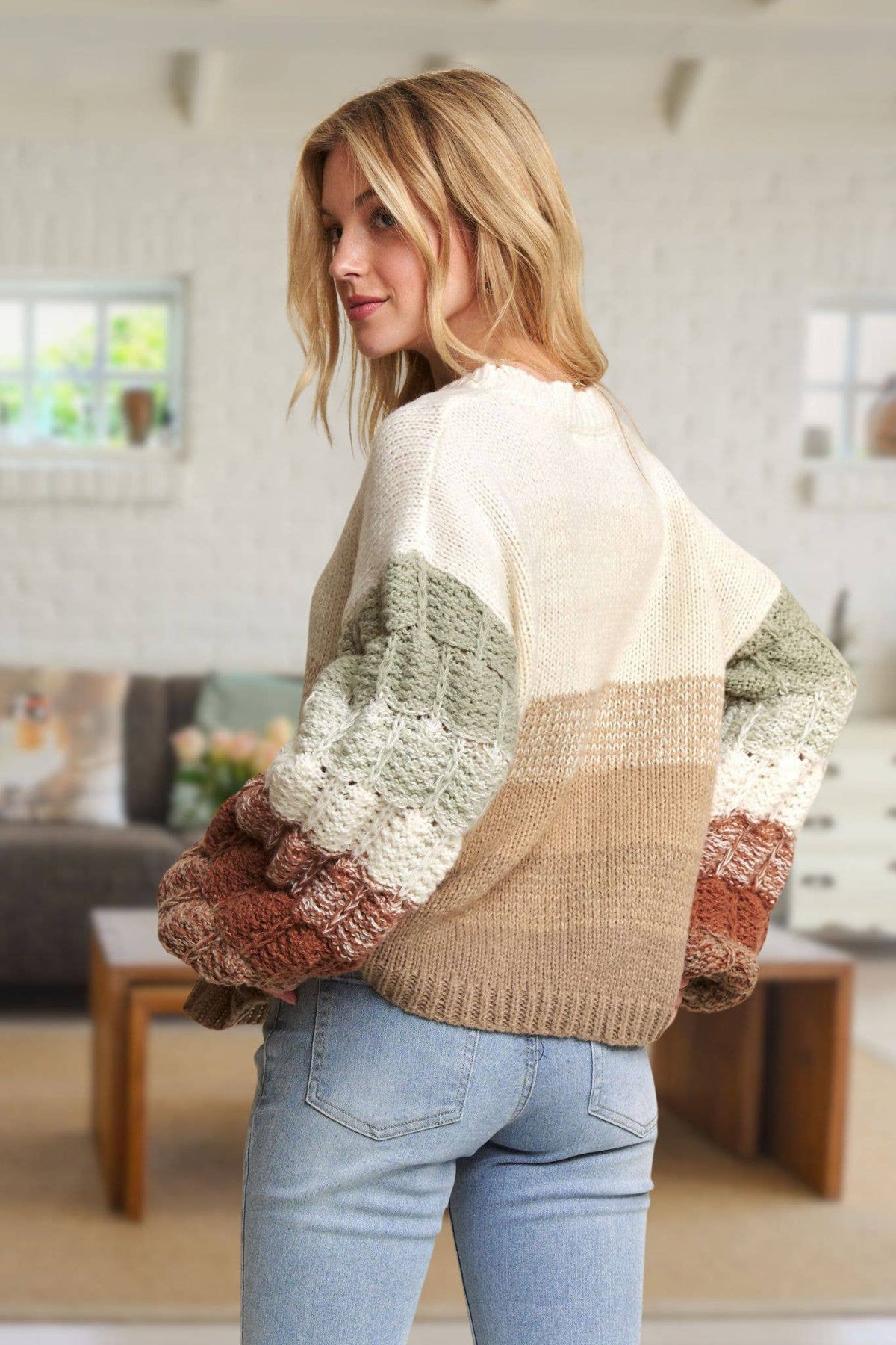 PUFF SLEEVE OMBRE SWEATER TOP: COFFEE