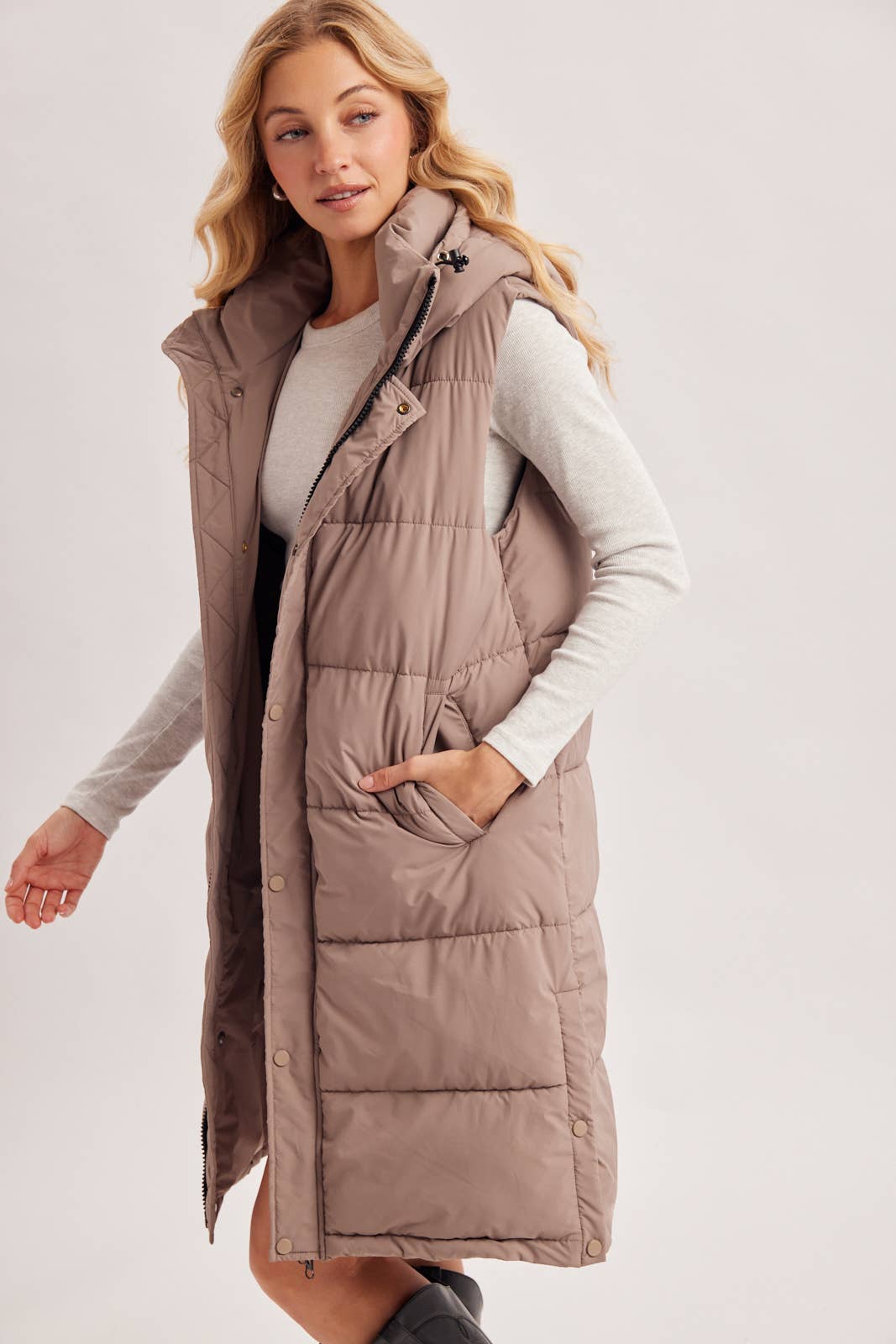 DETACHABLE HOOD ZIPPER LONGLINE QUILTED PUFFER VEST